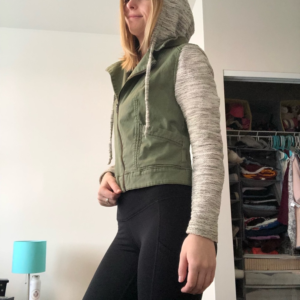 Angular Zip Up Mixed Fabric Hooded Jacket - image 2